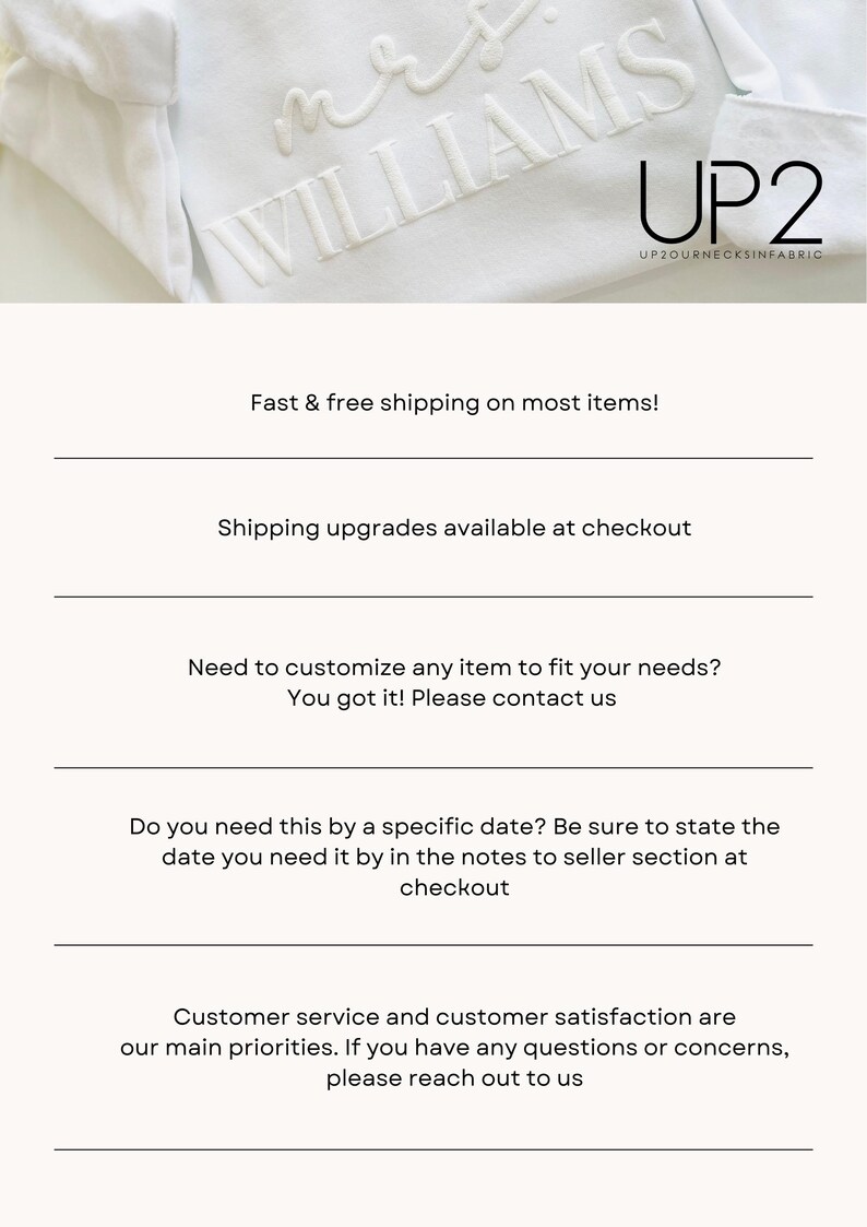 May include: White t-shirt with the text "mrs WILLIAMS" embroidered in white thread. The text "UP2" is printed in black below the embroidery. The text "UP2OURNECKSINFABRIC" is printed in smaller black text below "UP2".