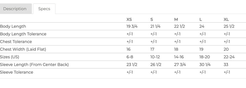 May include: Size chart for a shirt with measurements in inches for XS, S, M, L, and XL sizes. Measurements include body length, chest width, sleeve length, and size in US sizing.