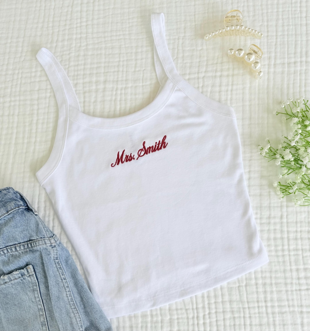 Mrs. Tank Top, Embroidered Tank, Bachelorette Outfit - Medium, White