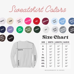 K&ouml;nnte beinhalten: Sweatshirt-Farbkarte mit 18 Farbmustern und einer Gr&ouml;&szlig;entabelle mit Ma&szlig;en in Zoll. Die Gr&ouml;&szlig;entabelle zeigt die Breite, L&auml;nge und &Auml;rmell&auml;nge f&uuml;r die Gr&ouml;&szlig;en S bis 5XL.