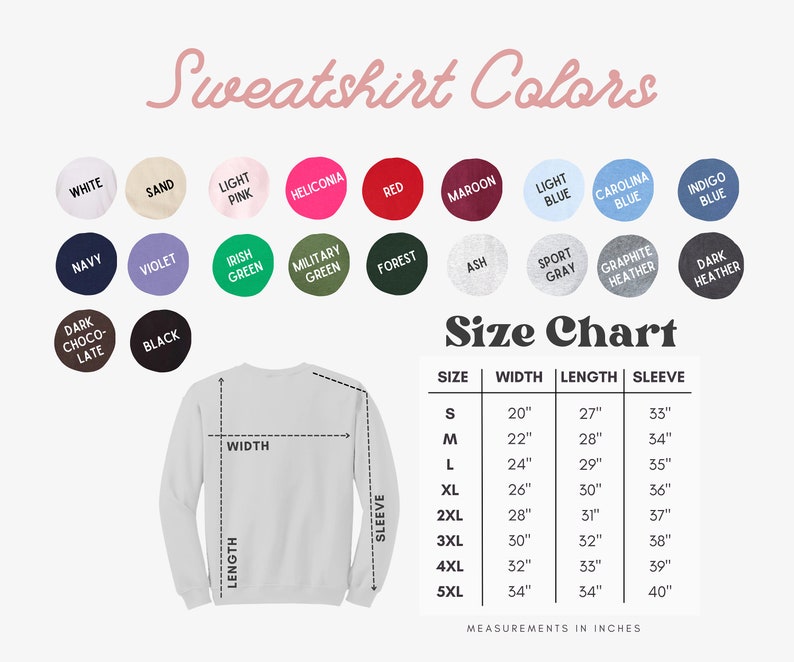 K&ouml;nnte beinhalten: Sweatshirt-Farbkarte mit 18 Farbmustern und einer Gr&ouml;&szlig;entabelle mit Ma&szlig;en in Zoll. Die Gr&ouml;&szlig;entabelle zeigt die Breite, L&auml;nge und &Auml;rmell&auml;nge f&uuml;r die Gr&ouml;&szlig;en S bis 5XL.