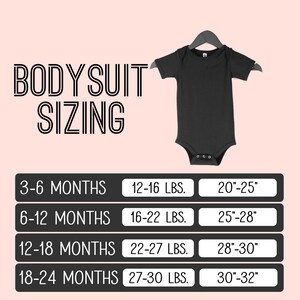May include: A chart showing bodysuit sizing for babies in months, weight in pounds, and chest measurement in inches. The chart shows sizes from 3-6 months to 18-24 months.