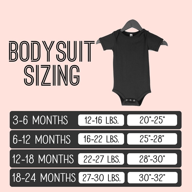 May include: A chart showing bodysuit sizing for babies in months, weight in pounds, and chest measurement in inches. The chart shows sizes from 3-6 months to 18-24 months.