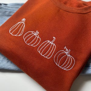 Puede incluir: Una sudadera de color &oacute;xido con un dise&ntilde;o bordado blanco de cuatro calabazas.
