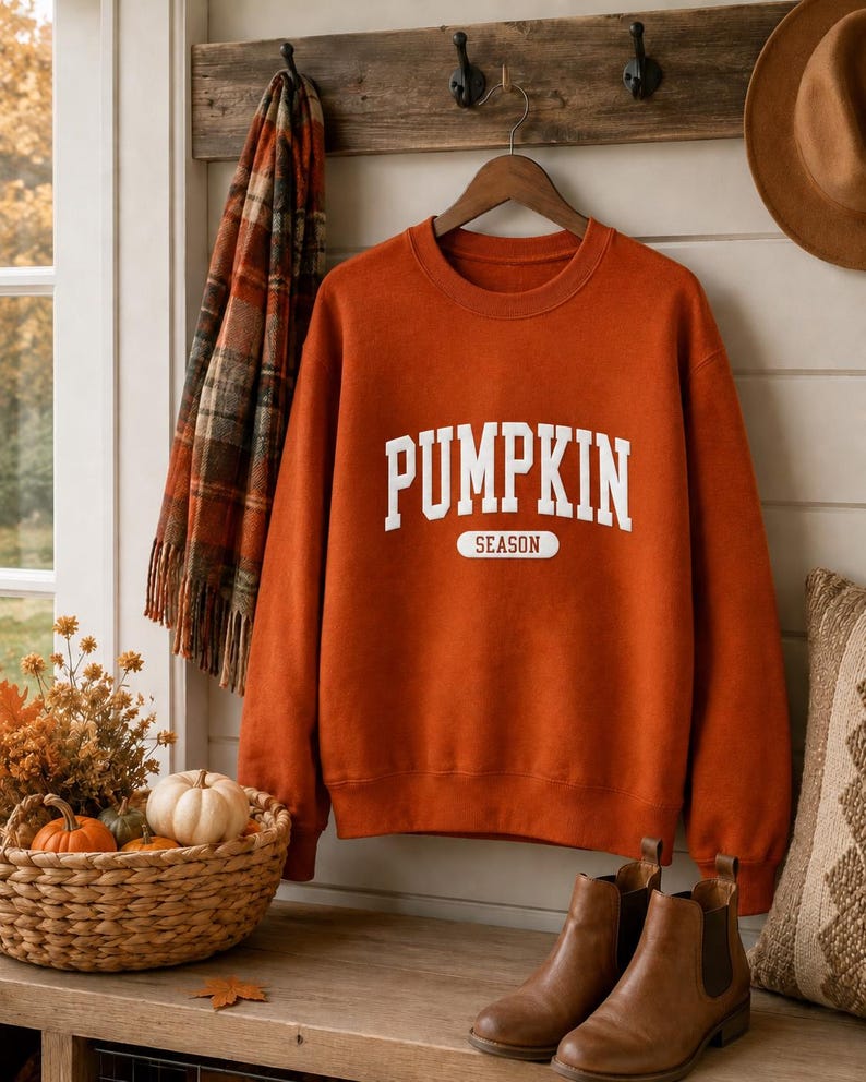 Op de afbeelding: Een roestoranje sweater met ronde hals en de witte tekst PUMPKIN SEASON in een collegiaal lettertype op de borst. De trui met lange mouwen heeft een geribbelde halslijn, boorden en zoom voor een klassieke pasvorm.