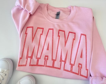 Glitter Mama Sweatshirt, Varsity Mama Sweater, Pink Sparkle Shirt, Mother's Day Gift, Mom Gift, Spring Outfit, Cool Mom, New Mom Gift