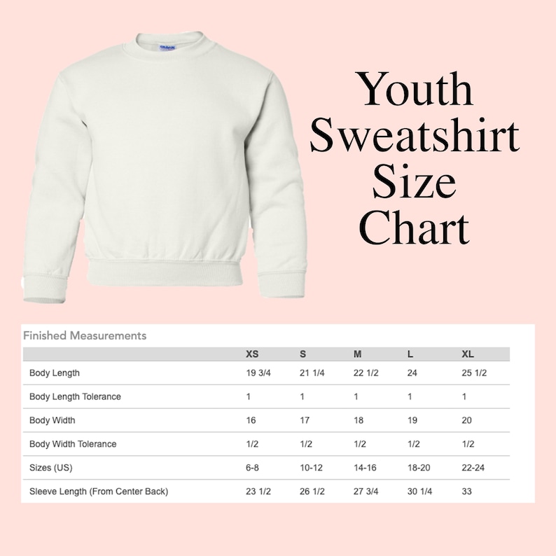 Puede incluir: Tabla de tallas de sudadera para j&oacute;venes con medidas en pulgadas. La tabla muestra las tallas XS a XL con la longitud del cuerpo, la tolerancia de longitud del cuerpo, el ancho del cuerpo, la tolerancia de ancho del cuerpo, las tallas (EE. UU.) y la longitud de la manga desde el centro de la espalda correspondientes.