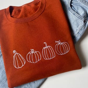 Puede incluir: Una sudadera de color &oacute;xido con un dise&ntilde;o bordado en blanco de cuatro calabazas. Las calabazas est&aacute;n delineadas en blanco y tienen un dise&ntilde;o simple y minimalista.