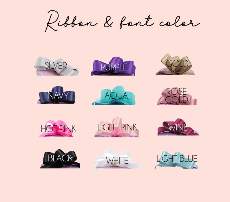 K&ouml;nnte beinhalten: Eine Tabelle mit Optionen f&uuml;r Schleifen- und Schriftfarben. Die Farben umfassen Silber, Lila, Gold, Marineblau, Aqua, Ros&eacute;gold, Pink, Hellrosa, Weinrot, Schwarz, Wei&szlig; und Hellblau.