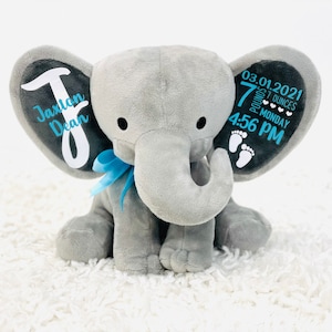 personalized elephant, stuffed animal gift, baby shower gift, newborn gift, new baby gift, birth announcement, baby gift, welcome home baby image 4