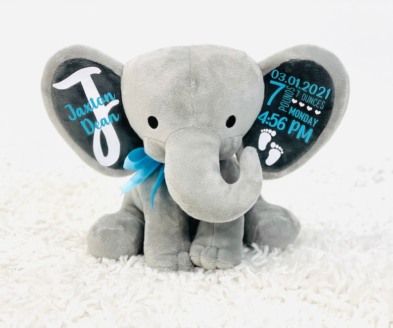 personalized elephant, stuffed animal gift, baby shower gift, newborn gift, new baby gift, birth announcement, baby gift, welcome home baby image 4