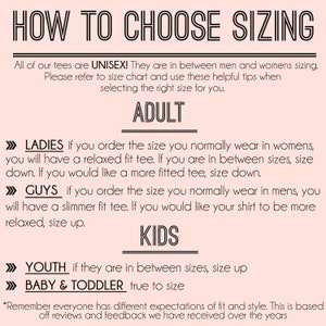 May include: A pink and white graphic with black text explaining how to choose the right size for unisex t-shirts. The text includes the words "Unisex", "Adult", "Ladies", "Guys", "Kids", "Youth", and "Baby & Toddler".