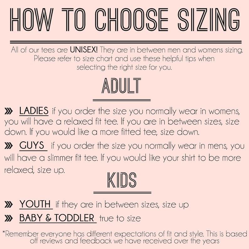 May include: A pink and white graphic with black text explaining how to choose the right size for unisex t-shirts. The text includes the words "Unisex", "Adult", "Ladies", "Guys", "Kids", "Youth", and "Baby & Toddler".