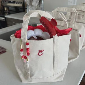 May include: A small off-white canvas tote bag featuring a red embroidered letter E on the front. The bag is filled with red tissue paper, a white plush headband, and a red plastic hair claw. A beaded charm with red and white beads hangs from the handle.