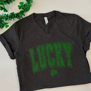 Cute St. Patricks day tshirt, Lucky glitter shamrock tee, Womens st pattys day shirt, womens st paddys outfits, drinking tops, darty outfit