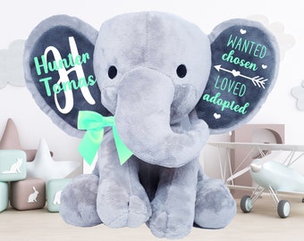 cadeau pour enfant adopté, cadeau d'adoption, souvenir d'adoption, animal en peluche de sécurité, éléphant personnalisé