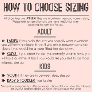 May include: A pink and white graphic with the text "HOW TO CHOOSE SIZING" in black. The graphic provides sizing tips for unisex t-shirts, including advice for ladies, guys, youth, and babies and toddlers.
