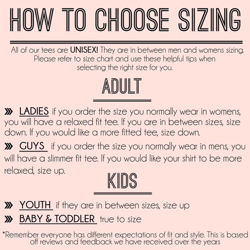 May include: A pink and white graphic with the text "HOW TO CHOOSE SIZING" in black. The graphic provides sizing tips for unisex t-shirts, including advice for ladies, guys, youth, and babies and toddlers.