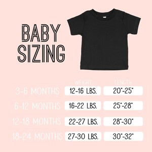 May include: A chart showing baby sizing for different ages and weights. The chart shows the age range in months, the weight range in pounds, and the length range in inches.