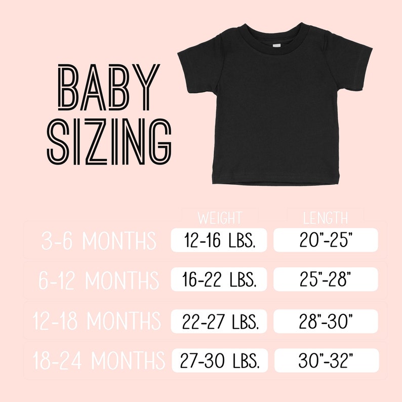 May include: A chart showing baby sizing for different ages and weights. The chart shows the age range in months, the weight range in pounds, and the length range in inches.