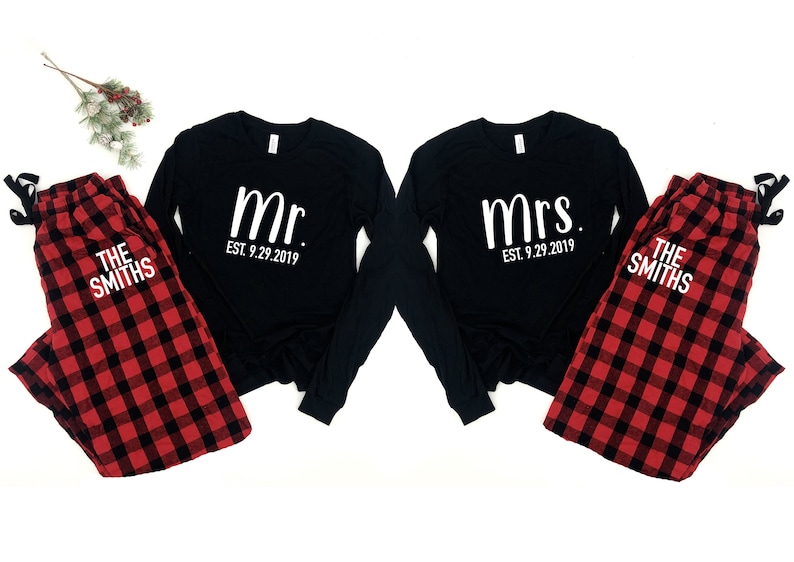 mr and mrs holiday pajamas, mr and mrs christmas pajamas, couple christmas pajamas, matching family christmas pajamas, matching pajamas image 1