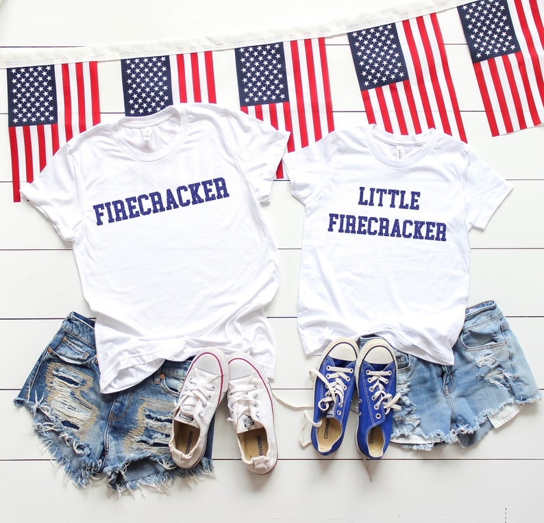 firecracker shirt, glitter 4th of july shirts, red white and cute shirts, fourth of 4th matching tees, patriotic mommy and me tees image 1