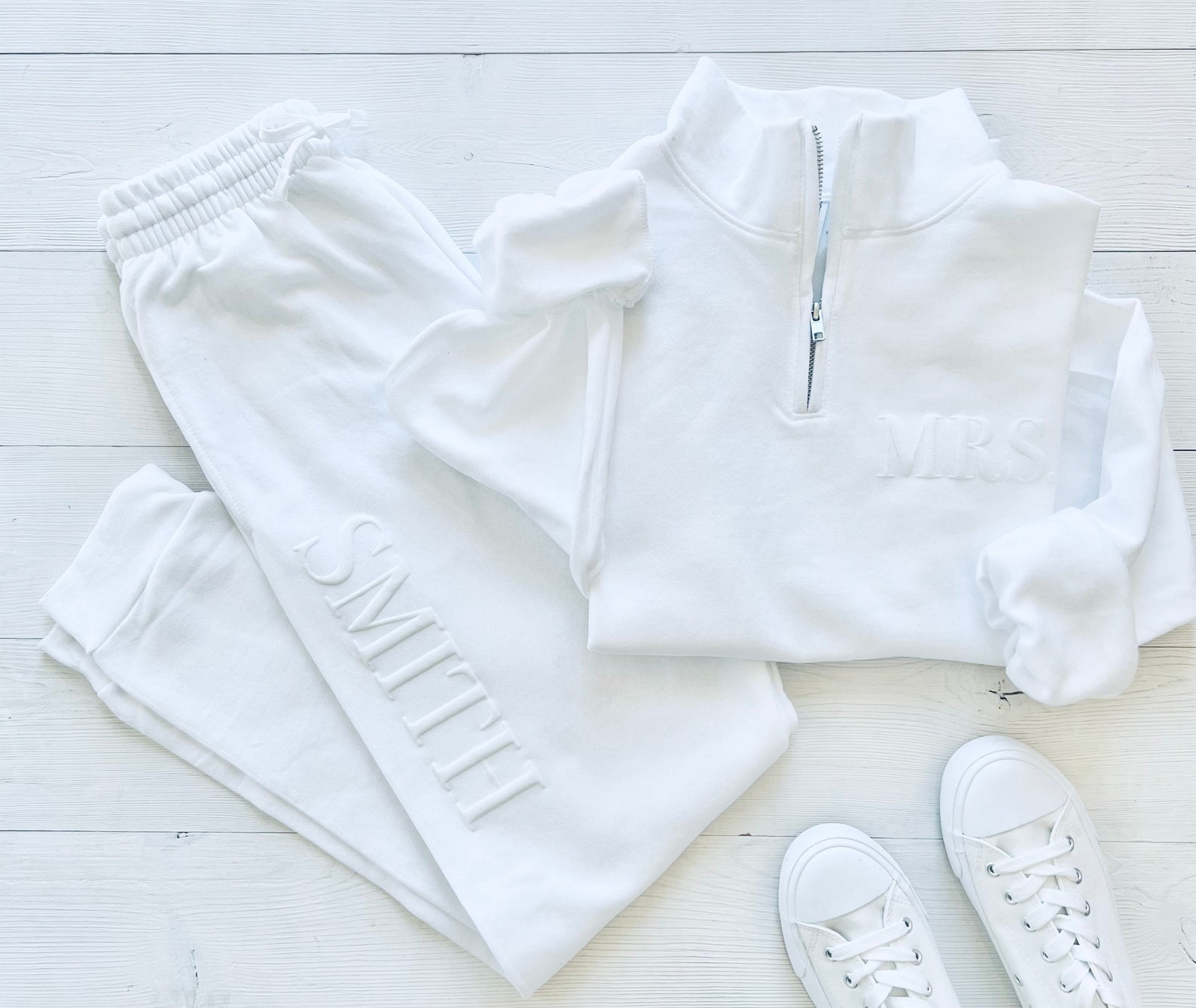 Bride Sweatsuit, Sweat Set, Honeymoon Outfit, White Wedding Day Loungewear, Sweatshirt Set - Quarter Zip&Joggers, Medium