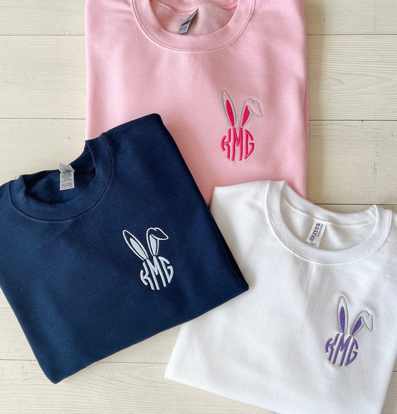 Embroidered Easter Monogram Sweatshirt, Bunny Ear Sweatshirt, Customized Easter Sweater, Embroidery Shirt, Personalize Shirt, Spring Colors image 1