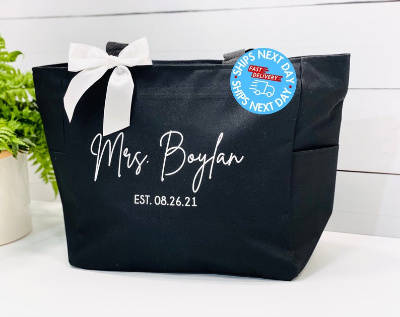 Personalized Mrs. Tote Bag, Custom Bridal Shower Gift, Wedding Travel Bag image 1