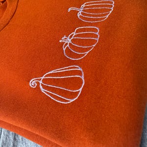 Puede incluir: Una sudadera de color &oacute;xido con un dise&ntilde;o bordado blanco de cuatro calabazas.