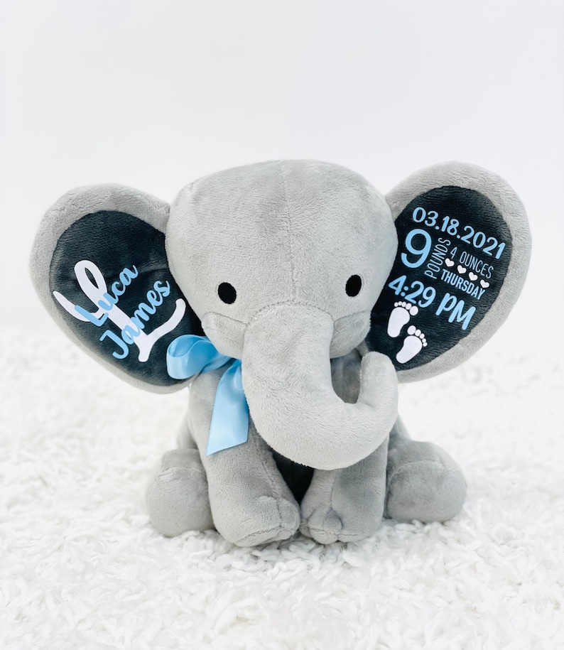 personalized elephant, stuffed animal gift, baby shower gift, newborn gift, new baby gift, birth announcement, baby gift, welcome home baby image 1