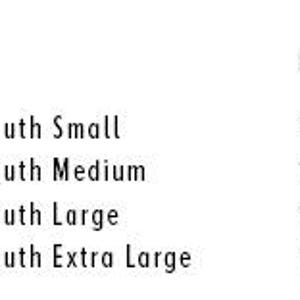 May include: A chart showing youth clothing sizes with corresponding age ranges.  YS is Youth Small, 6-8. YM is Youth Medium, 10-12. YL is Youth Large, 14-16. YXL is Youth Extra Large, 18-20.