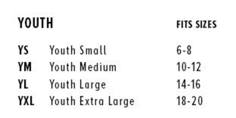 May include: A chart showing youth clothing sizes with corresponding age ranges.  YS is Youth Small, 6-8. YM is Youth Medium, 10-12. YL is Youth Large, 14-16. YXL is Youth Extra Large, 18-20.