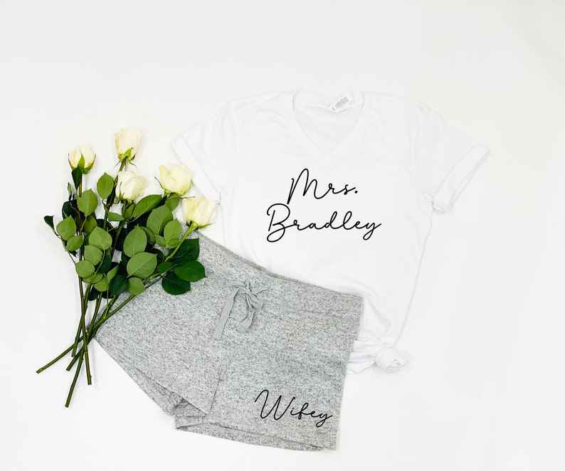custom bride gift, bride sleepwear, mrs shirt, bride shirt, wedding gift, bridal party gift, honeymoon shirt, newlywed shirt, rose gold image 1
