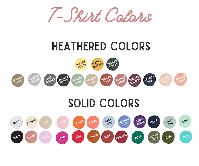 K&ouml;nnte beinhalten: Ein Diagramm mit 20 verschiedenen T-Shirt-Farben, unterteilt in zwei Kategorien: "Melierte Farben" und "Einfarbige Farben". Das Diagramm enth&auml;lt Farben wie Oliv, Senf, Wald, Salbei, Braun, Ton, Lila, Weinrot, Marine, Pfirsich, Sonnenuntergang, Wei&szlig;, Natur, Braun, Rosa, Orange, Koralle, Babyblau, Columbia-Blau, Team-Lila, Marine, Staubblau, Minze, Schwarz, Lila, Flieder, Beere, Rot, Herbst, Rost, Kardinal, Kelly, Milit&auml;rgr&uuml;n, Oliv und T&uuml;rkis.