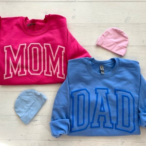 New Parents Sweatshirt, Gift For Mom, Gift For Dad, Mom Sweatshirt, Dad Sweatshirt, Embossed Sweatshirt, Varsity Sweatshirt, Gift For Parent