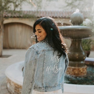 Bride jean jacket with pearls, Pearl jean jacket, bride jean jacket, Mrs Denim Jacket, Personalized Jean Jacket, Bride Jacket, Bridal gift image 2