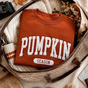 Op de afbeelding: Een roestkleurige sweater met ronde hals voorzien van de witte tekst PUMPKIN in een groot collegiaal lettertype en het woord SEASON op een kleinere witte rechthoekige patch eronder. Het kledingstuk is gevouwen in een bruine tas met leren hengsels.