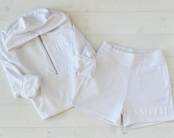 Embossed Matching Set For Bride, Bridal Gift Set, Mrs. Zip Sweatshirt, New Mrs. Set, Mrs. Quarter Zip, Bride Shorts, Honeymoon Outfit