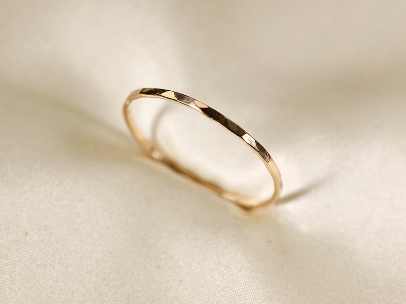 14K Yellow SOLID gold ring, Flat wire, Hammered ring, Wire width : 1.1 / 1.5mm image 2