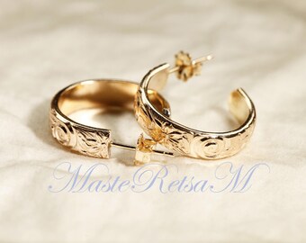 NEW ARRIVALS-E7987/2119- 14K Gold Filled floral Pattern Hoop Earrings – Sterling Silver Option Available