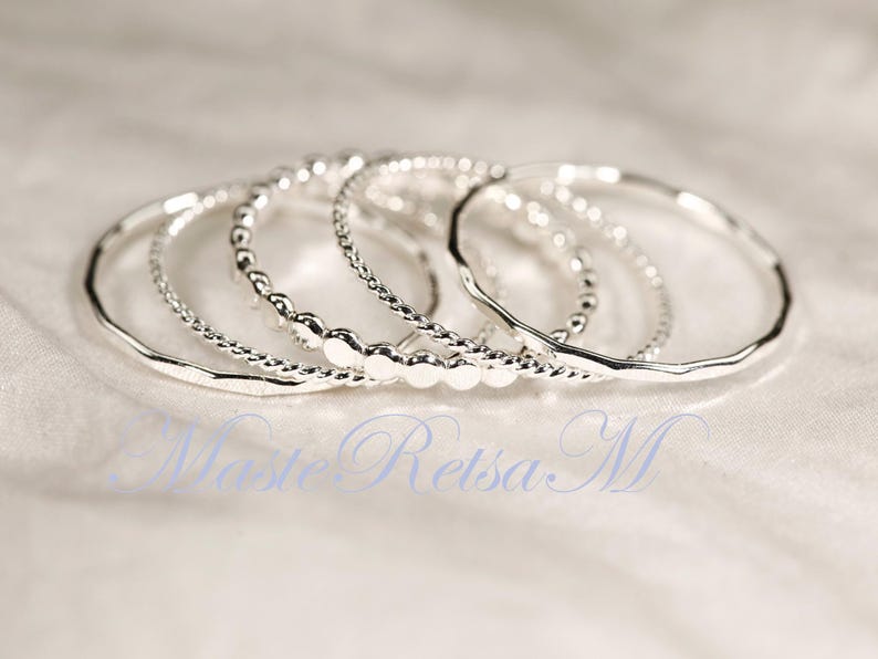 Setg-sterling Silver Stackable Rings Set: Twist, Hammered, Bead Rings ...