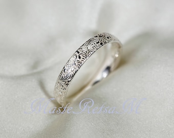 102326     925  Silver pattern ring, Vintage Floral Pattern Ring,  3.4mm width