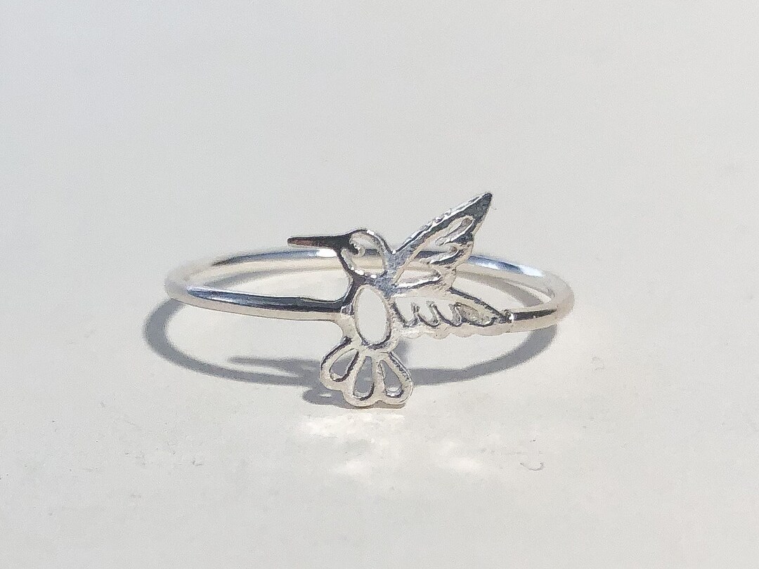High Polish Hummingbird Sterling Silver Ring - Cute Bird Design Band, Sizes 3-8