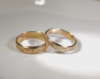 ZP165+ZP164 MasteRetsaM 14K Gold Filled Wedding Bands Set, Rome Floral Pattern Bands