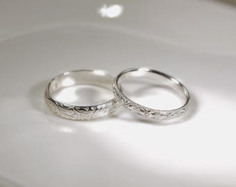 2101+2118 MasteRetsaM Sterling Silver Wedding Bands Set, Floral Love Bands