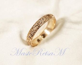 ZP166-Handmade 14k Gold Filled Floral Ring, Sterling Silver Pattern Band (3.5 mm)