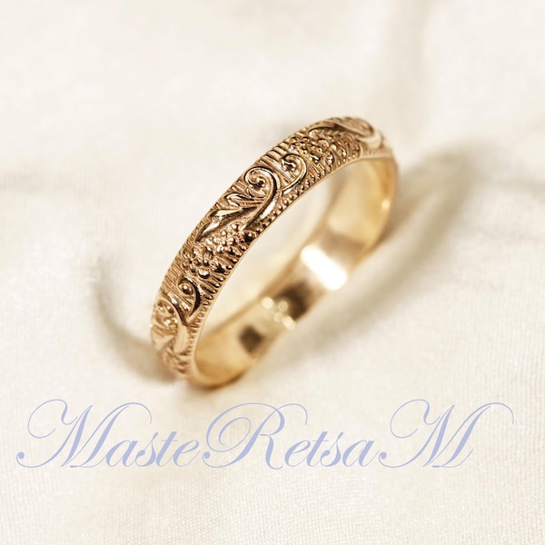 ZP166-Handmade 14k Gold Filled Floral Ring, Sterling Silver Pattern Band (3.5 mm)