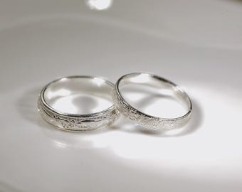 2123+2326 MasteRetsaM Sterling Silver Wedding Bands Set, Floral detail Pattern Bands