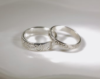 2119+2126 MasteRetsaM Sterling Silver Wedding Bands Set, Floral Pattern Bands, Two Rings